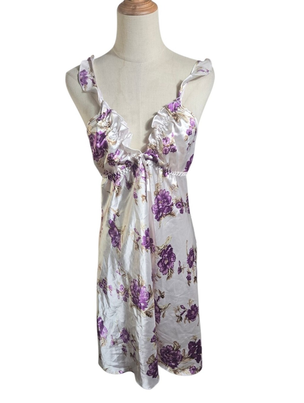 White And Purple Silk  Floral Slip Dress NIightie